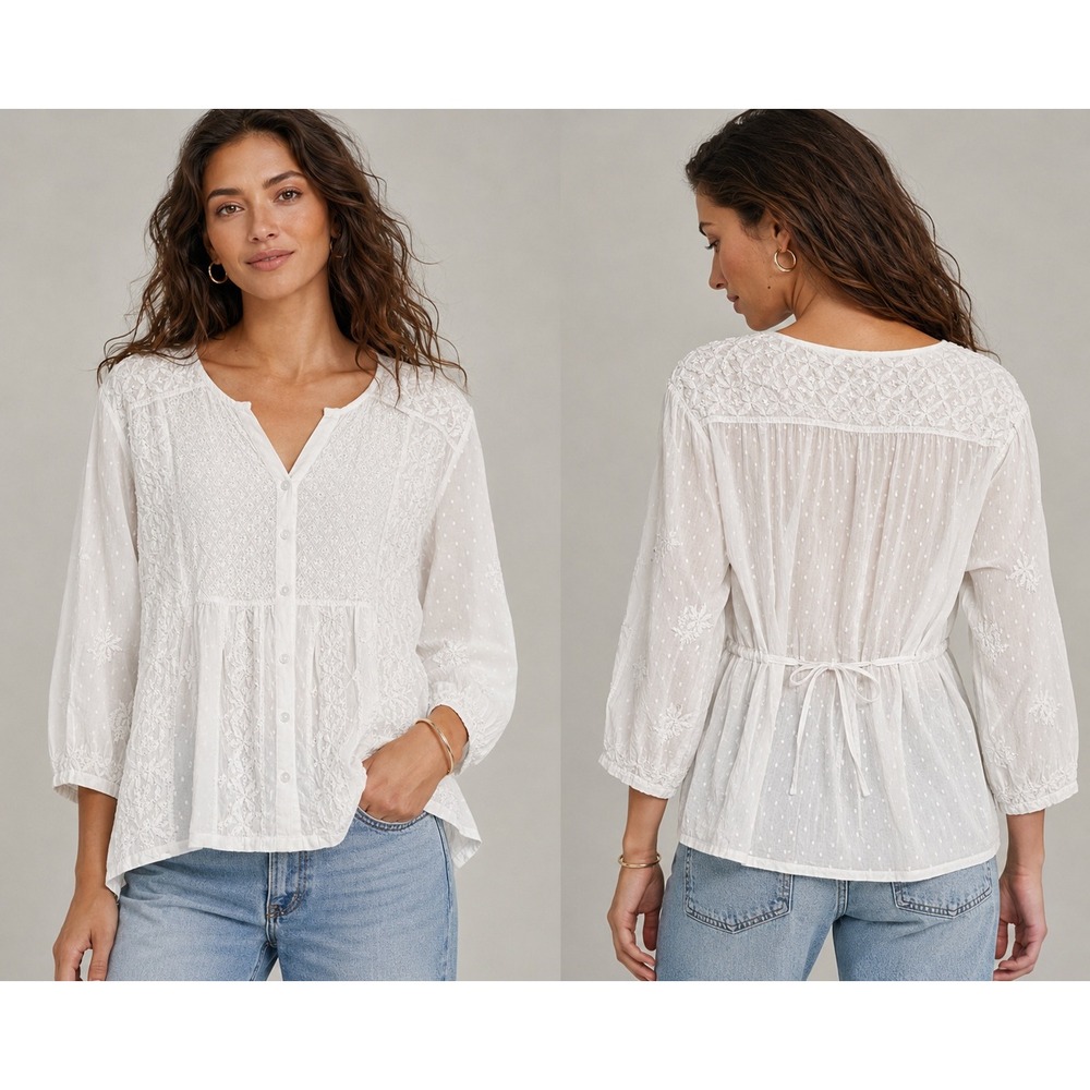 Womens White Embroidered Swiss Dot Button Front V Neck Blouse Back Tie Boho Fem